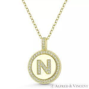 Initial Letter "N" CZ Crystal Pave Pendant in .925 Sterling Silver w/ 14k YG